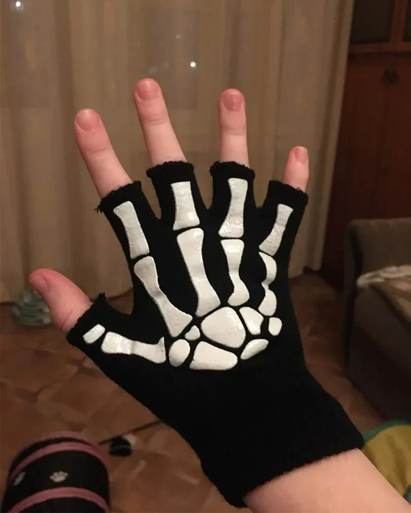 Glow in the Dark Skeleton Skull Fingerless Gloves - Unisex Halloween Mittens