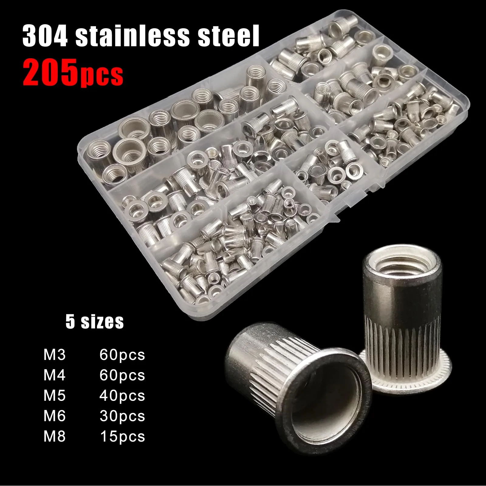 Mix Size 304 Stainless Steel Aluminum Carbon Steel Flat Head Rivet Nut Insert Rivnut Nutsert Set Kit 70/205/402pc M3 M4 M5 M6 M8 rivet nut