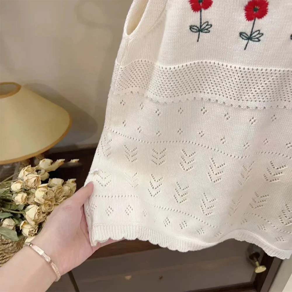 Summer New 2-7Years Girls Round Neck Knitted Flower Embroidered Hollow Out Tank Top Dress Children's Fashion Casual Clothes