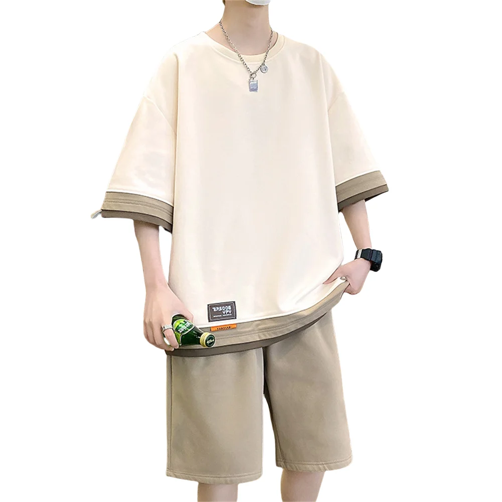 2024 summer new broad edition color patchwork sports suit men's fashion simple leisure sports trend two-piece set