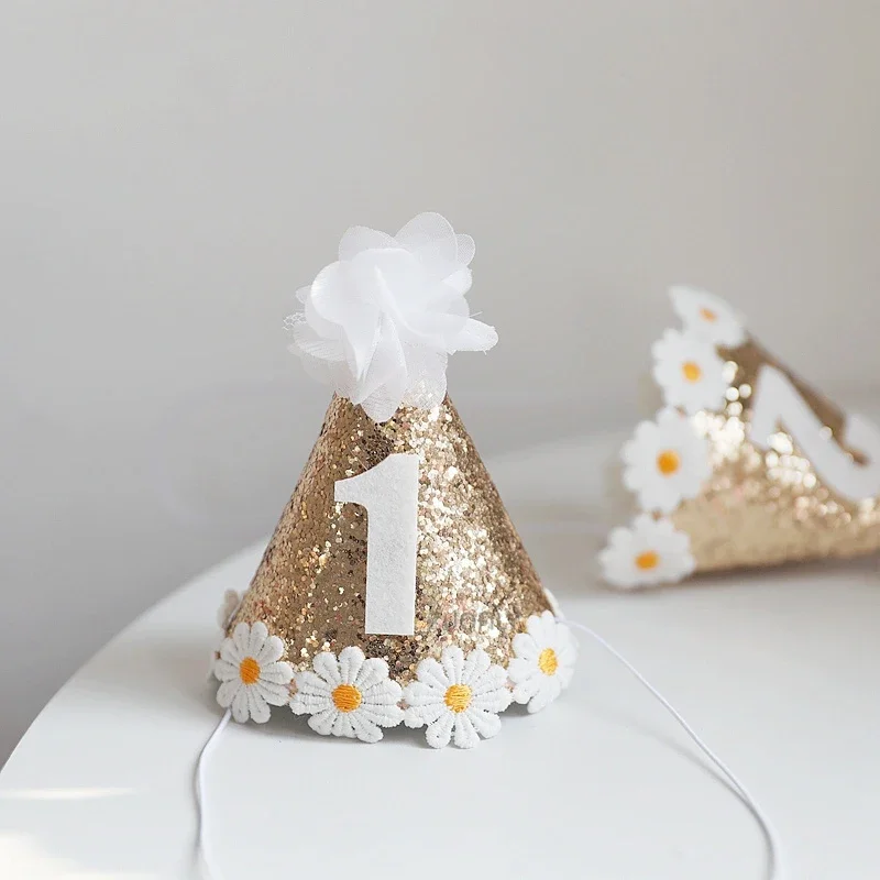 Ins Kids Birthday Party Hat 1 2 3 Baby Shower Decor Daisy Theme Birthday Headwear Glittler Hats For Baby Girl Pets Cap