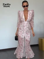 Robe Imprimée Élégante pour Femme, Col en V Profond, Manches Mi-Longues, Taille Cintrée, Plissée, Collection Été 2026, Idéale pour les Fêtes et Vacances 1