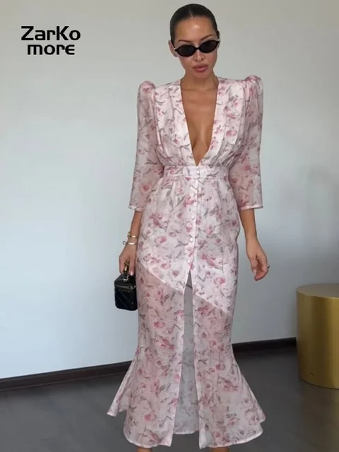 Robe Imprimée Élégante pour Femme, Col en V Profond, Manches Mi-Longues, Taille Cintrée, Plissée, Collection Été 2026, Idéale pour les Fêtes et Vacances 1