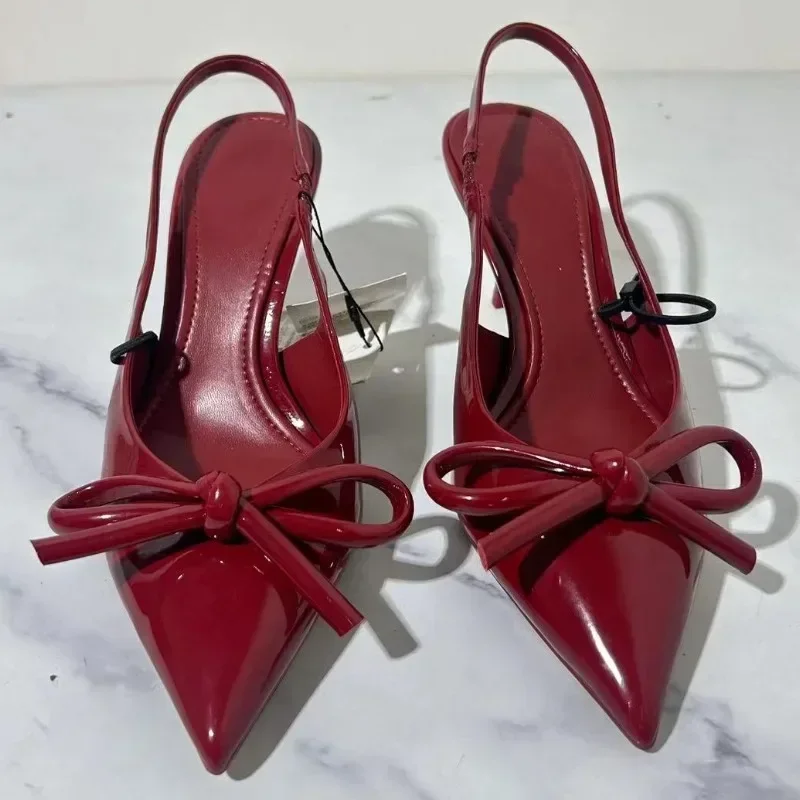 Women Bow Pointed Toe High Heels Sandals Slingback Shoes Mules Sandals