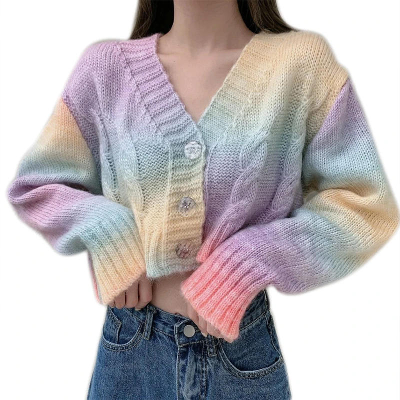 

Women Sweet Tie-dye Knitted Cardigan Long Sleeve Button Down Open Front Sweater Short Navel Tops Coat