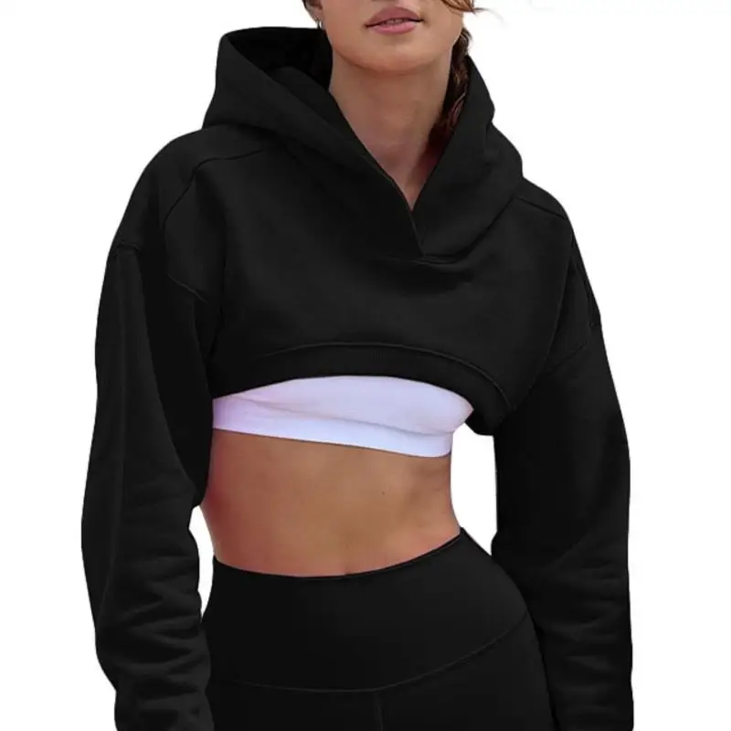 

Women's Solid Color Super Crop Hoodie Pullover, Solid Color Long Sleeve Sweatshirt for Spring