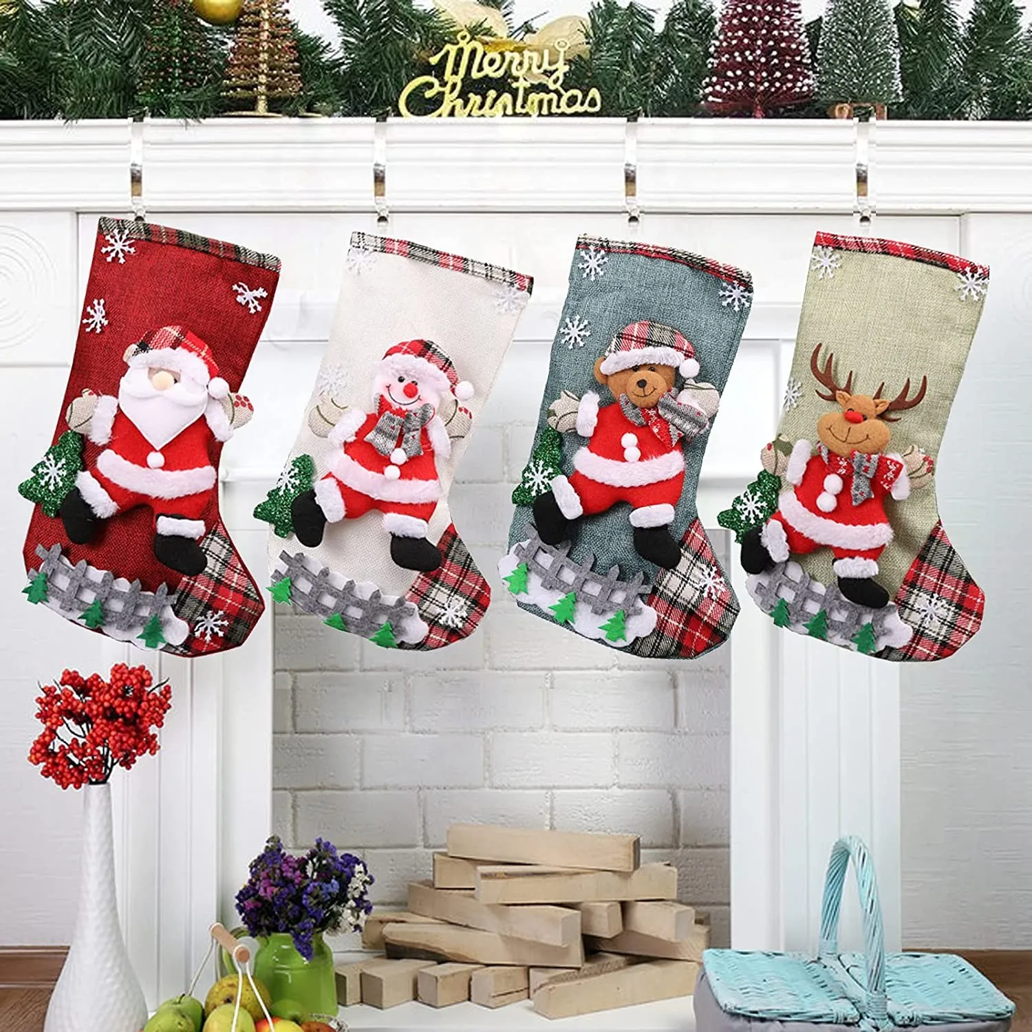 Christmas Stockings Gift Candy Bag Snowman Santa Elk Pattern 4pc for Xmas Tree Hanging Party Home Fireplace