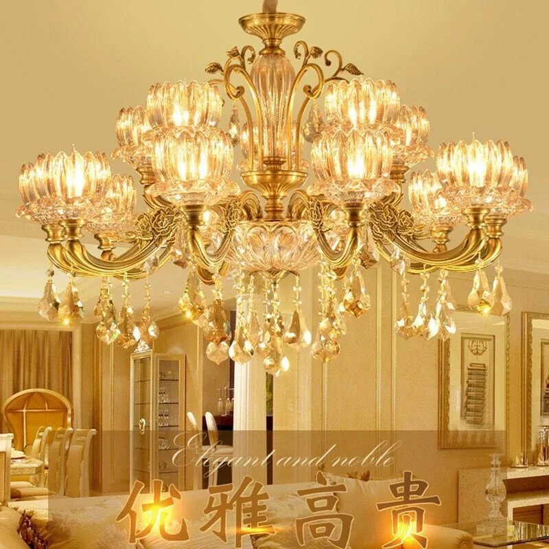 

European-Style Chandelier Lamp in the Living Room Zinc Alloy Atmospheric Crystal Pendant Lamp American Restaurant Br