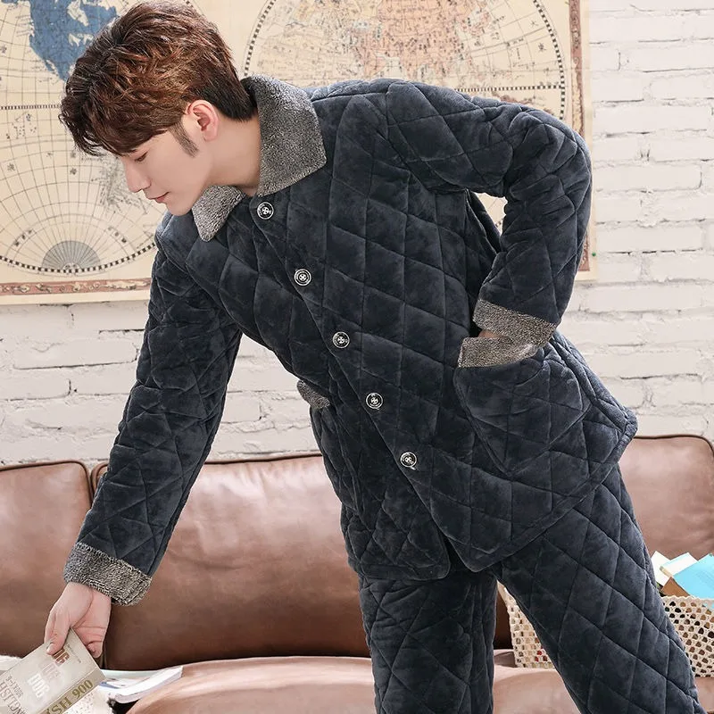 2023 New Pajamas Men's Winter Thick Fleece Coral Fleece Triple Layer Cotton Flannel Nightwear Warm Homewear Set Autumn Sleepwear
