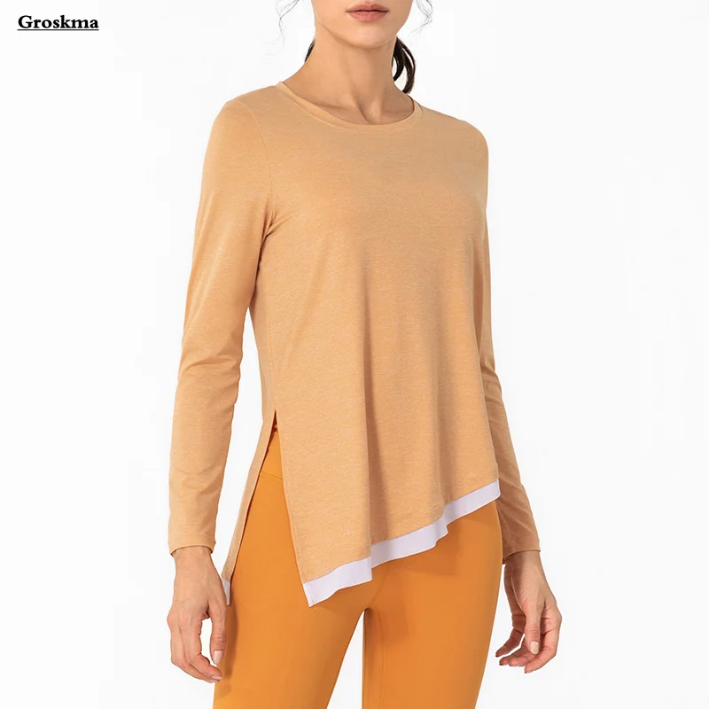 

Patchwork Women Yoga Long Sleeve T-Shirts Split Blouse Workout Running Tops Clothing Fitness Gym Sportswear Tees Deportivo Mujer