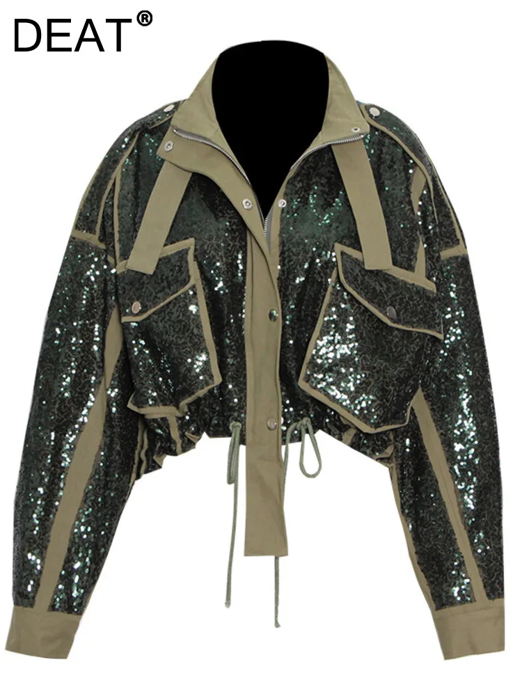 

Женская короткая осенняя куртка DEAT, свободное осеннее пальто с круглым вырезом, карманами на молнии и длинным рукавом, блестками, 17A803, 2024