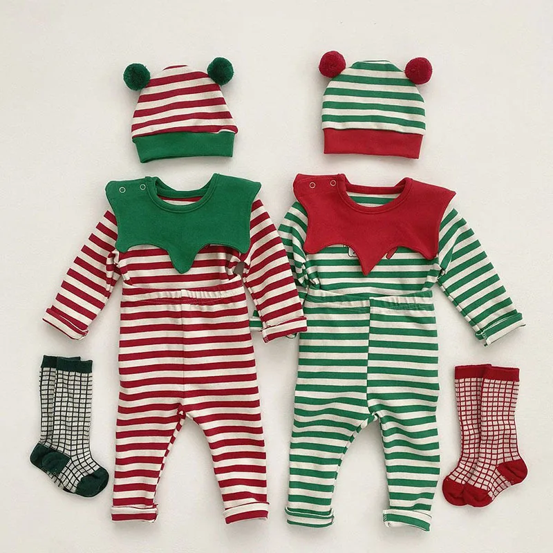 

Christmas Baby Clothing Set Contrast Color Striped Blouse Bib Hats and Pants Toddler Suits
