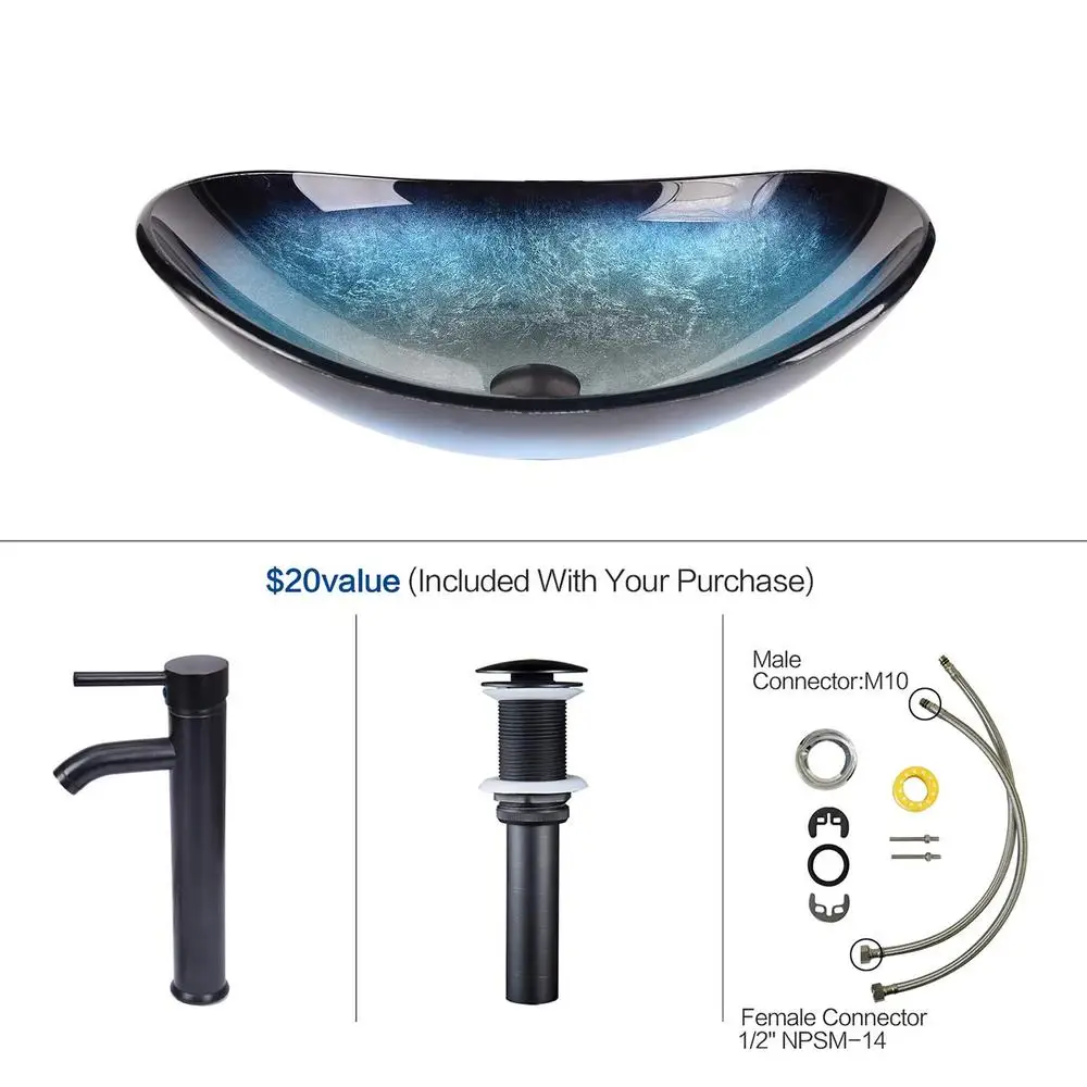 Modern Glass Vessel Sink Basin Set with ORB Faucet Countertop Combo Kit and Pop-up Drain Unique Transparent Design Durable 5