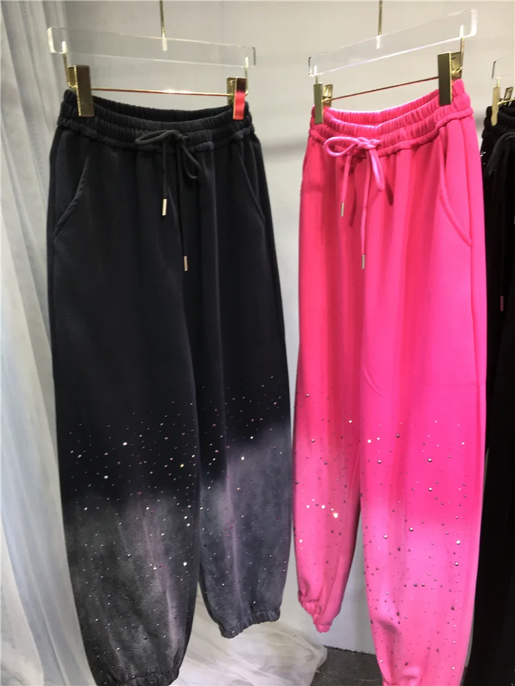 Diamond Drills Sweatpants Women Elastic High Waist Ankle-Tied Sports Pants Slimming Autumn And Winter New Thick Warm Trousers