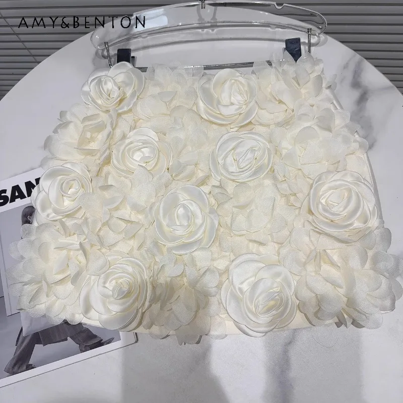 

2024 Summer New Classic Three-Dimensional Flower Elegant Socialite Light Luxury A-Line Skirt Women's Short White Black Skirts