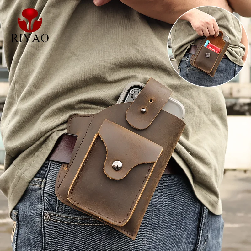 RIYAO Genuine Leather fanny pack For Men Waist Bag Vintage Cowhide Cell Phone Belt Holster Case Male Wallet Pocket Cigarette Bag high quality genuine leather men hip bum belt purse fanny pack pouch mini cell mobile phone pocket cigarette case hook waist bag