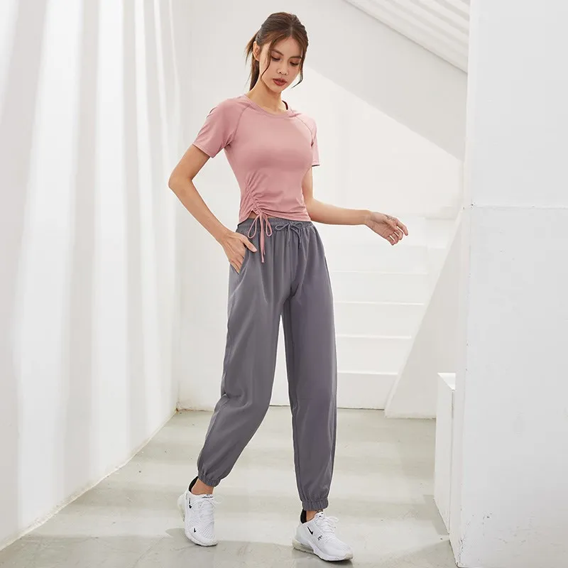 Lace Up Drawstring Short Sleeve Tees Sexy Fitness Women's Shirts Gym Running Tops Elastic Yoga Sport Tights Quick Drying T Shirt