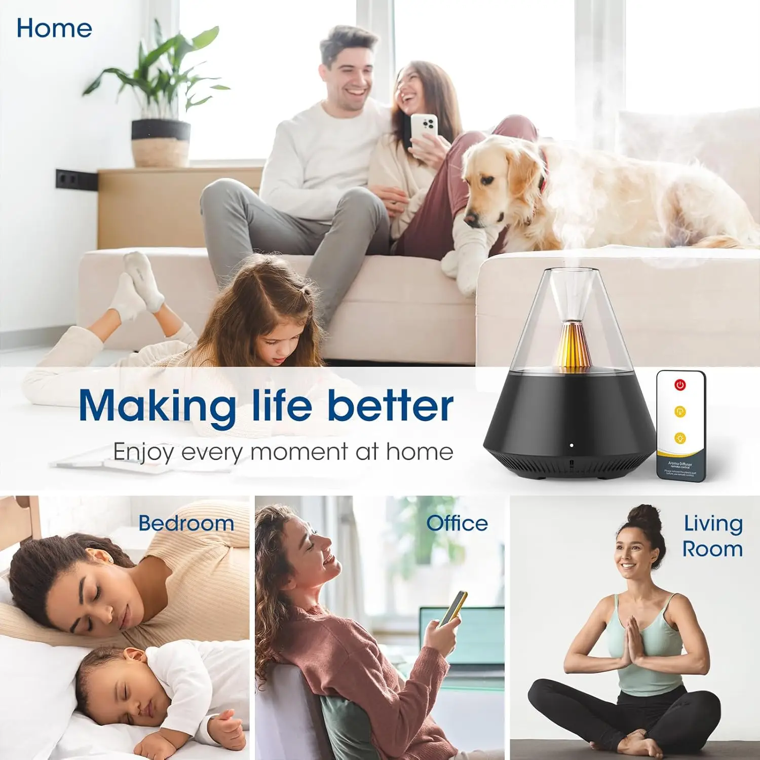 Modern Aromatherapy Essential Oil Diffuser with Candle Flicker Light and Remote Control