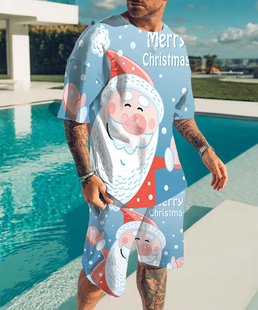 2022 Men's Outfit Summer Short Sleeve T Shirt Outfit Fashion 2 Piece Streetwear Santa 3D Printed Beach Shorts Sportswear Men's