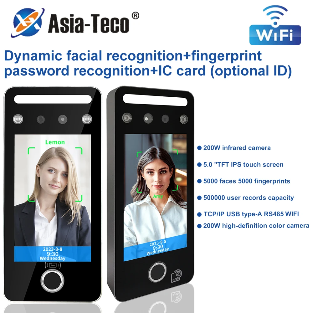 Fingerprint and Face Recognition Door Access Control wifi TCP IP 5inch Screen IR Camera RFID Card Reader Time Attendance Device