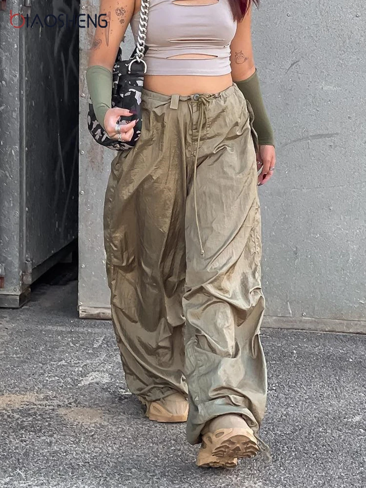 Women Baggy Wide Leg Y2k Cargo Pants Low Waist Drawstring Sweatpants