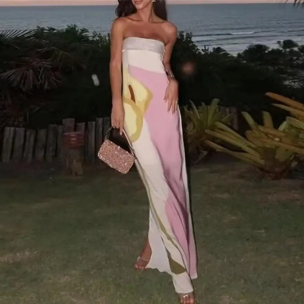

Легкое платье макси с принтом, элегантное платье макси с открытыми плечами и цветовым принтом для выпускного вечера, женское облегающее пляжное платье