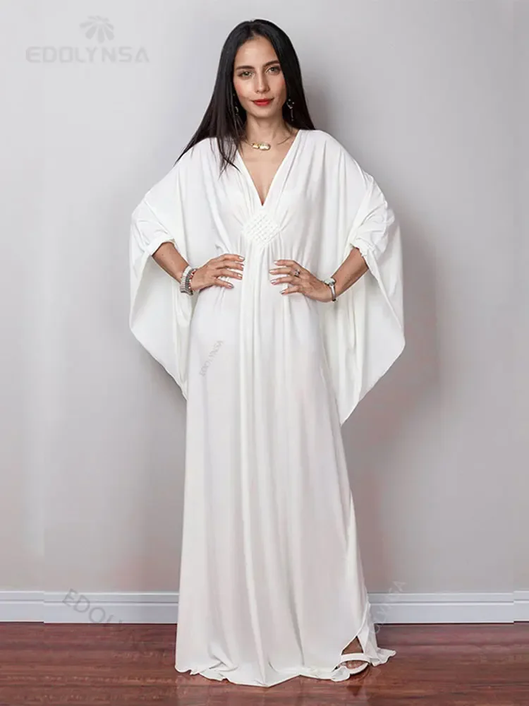 Solid V-neck Batwing Sleeve Plus Size Loose Maxi Dress For Women Summer Beach Wear Kaftan Long Bathing Suit Cover Up Q1306