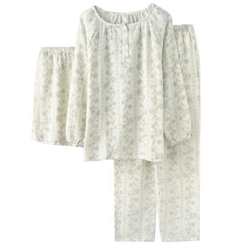 Retro Cotton Pajamas Set for Women Spring Autumn Summer Thin Long Sve Long Pants orts Tee-piece Home Clothes Set