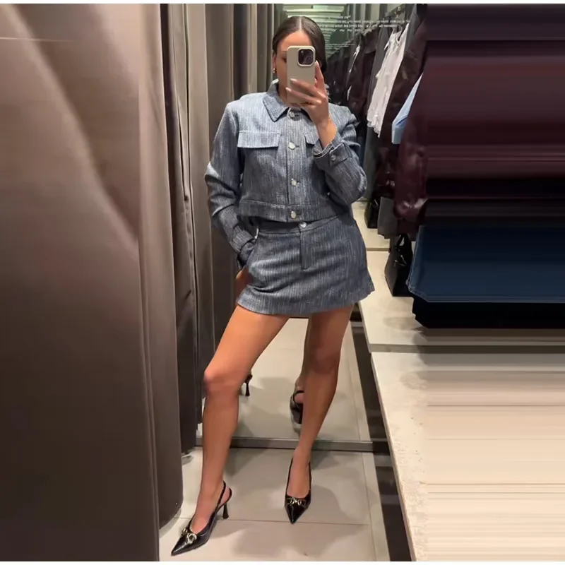 Damen Denim-Röcke Top-Anzug-Set Kurze Knopfjacke & Hochgeschnittener Minirock Lässiges Büro-Outfit Frühling Sommer Co-Ord – Detail 4