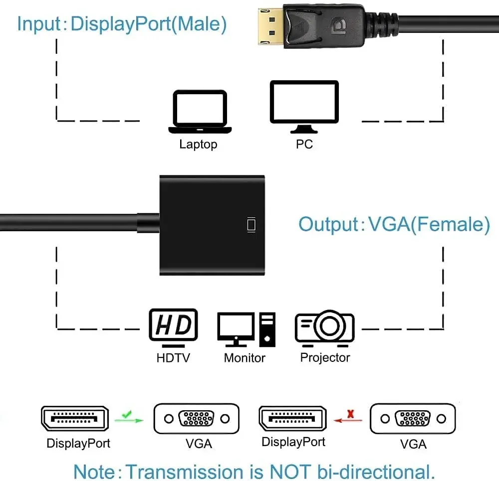 DP-VGA 어댑터 케이블, 1080P 디스플레이 포트 수-VGA 암 컨버터 어댑터, 프로젝터 DTV TV HDDVD 노트북용