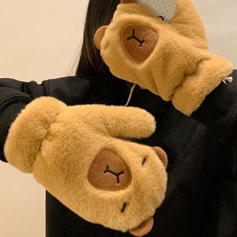 Cute Capybara Plush Scarf Cold-proof Warm Glove Scarf Sweet Windproof Thickened Cross Neck Glove Fashion Accessories Girl Gift