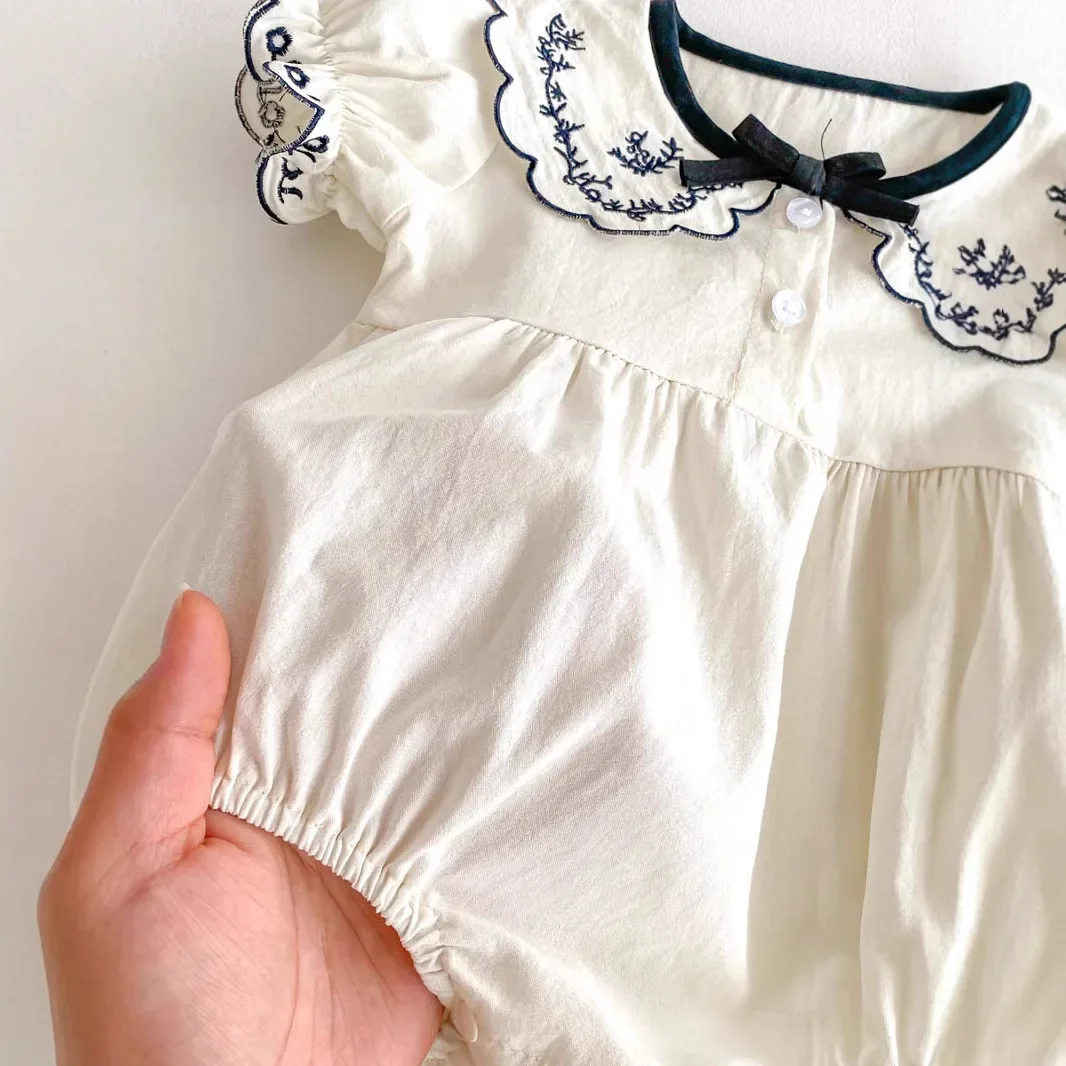 Summer Thin Embroidered Baby Romper Short Sleeve Bib Overalls Butterfly Knot Wrap Baby Girl Clothes Cotton Onesie Babygrow