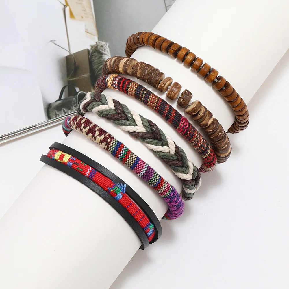 4Pcs/ Set Braided Wrap Leather Bracelets for Men Vintage Life Tree Rudder  Charm Wood Beads Ethnic Tribal Wristband Rope Bracelet