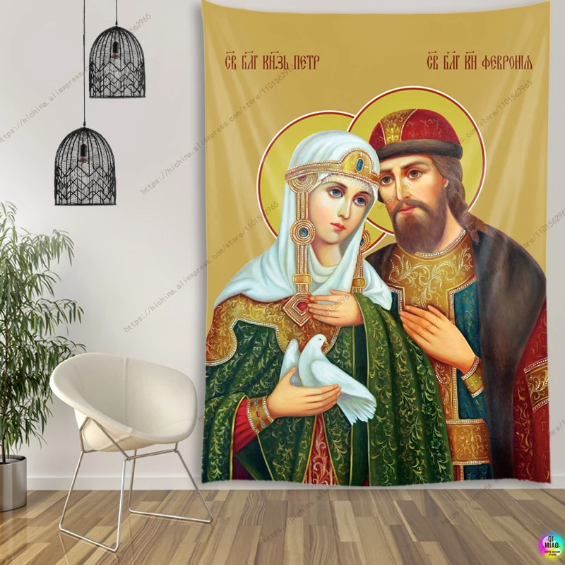 

Рождественский гобелен с иконами Христоса, украшение для стен с Иисусом, Питер и феврония, украшение для дома, большая ткань, винтажный настенный художественный гобелен
