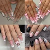 24Pcs Kawaii Sanriod Fake Nails Hello Kitty Long Square Almond Press On Nails French Diamond Zebra Stripes Fake Nail Tips Art 1