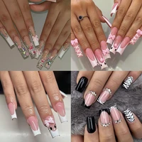 24Pcs Kawaii Sanriod Fake Nails Hello Kitty Long Square Almond Press On Nails French Diamond Zebra Stripes Fake Nail Tips Art 1