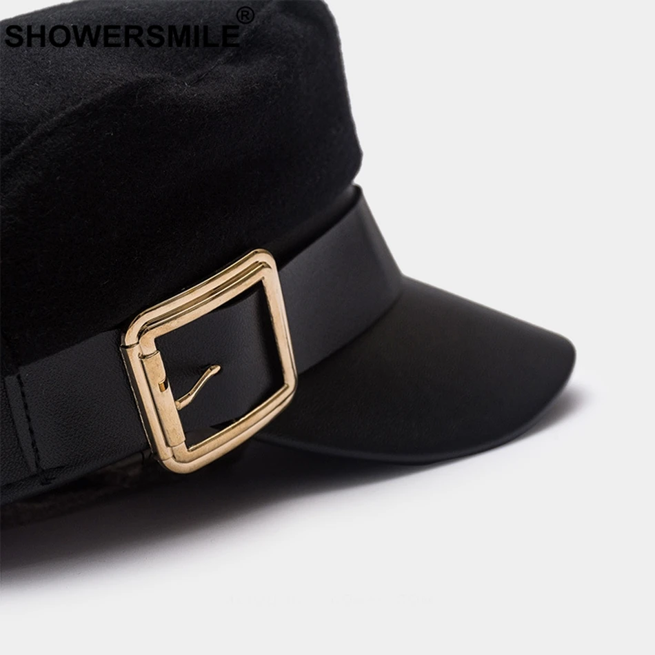 SHOWERSMILE Wool Newsboy Caps Winter Black Captain Hat Women Leather Flat Caps Ladies Elegant Classic British Baker Boy Cap