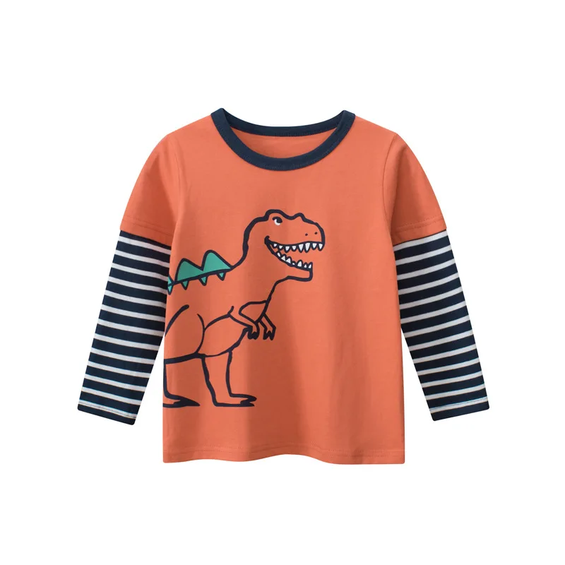 2024 Spring Autumn New Letter Dinosaur T-shirt for Boys Kids Outfit Stripe Long Sleeve O-Neck Cotton Top Children's Clothing