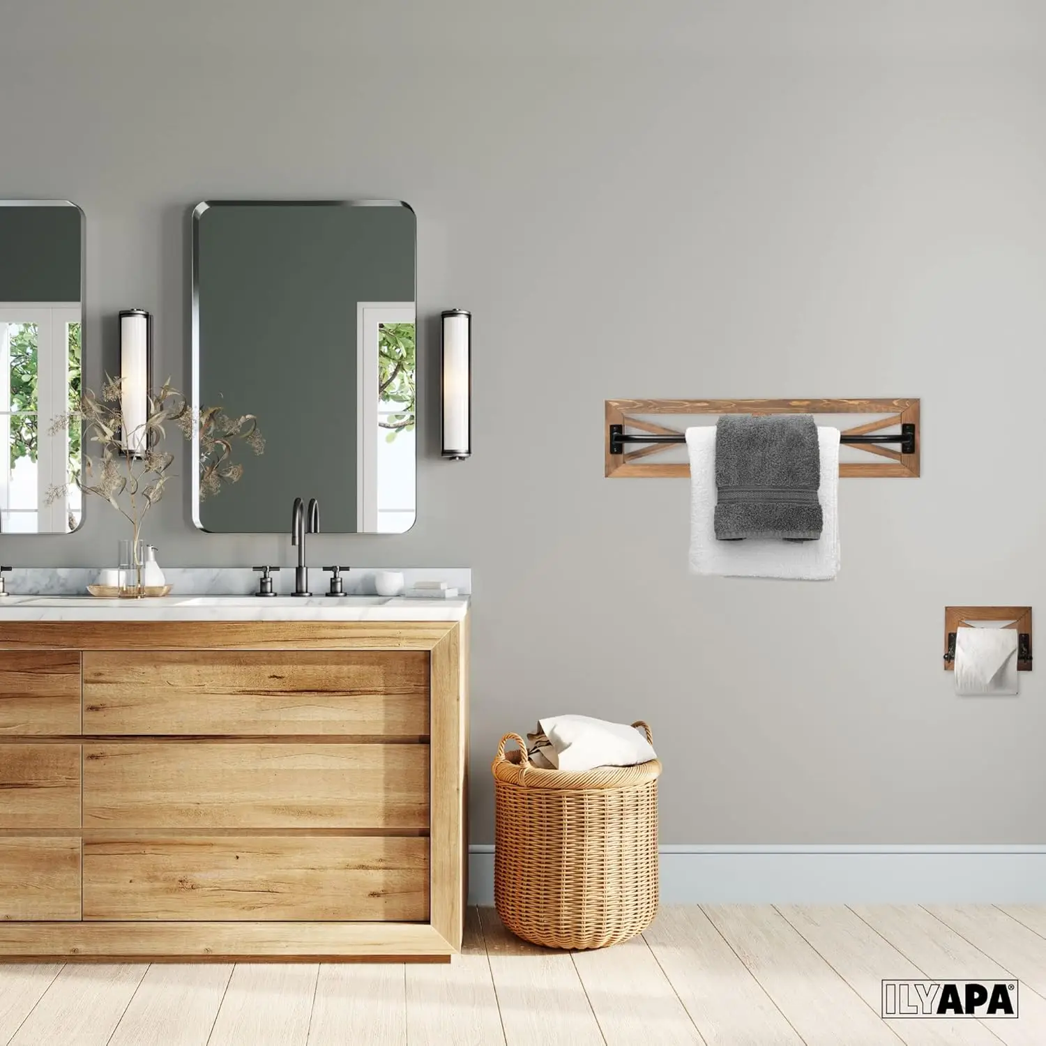 Rustic Towel Bar & Paper Holder Set, Barnwood & Black Metal. Wall-Mounted, Farmhouse Decor.