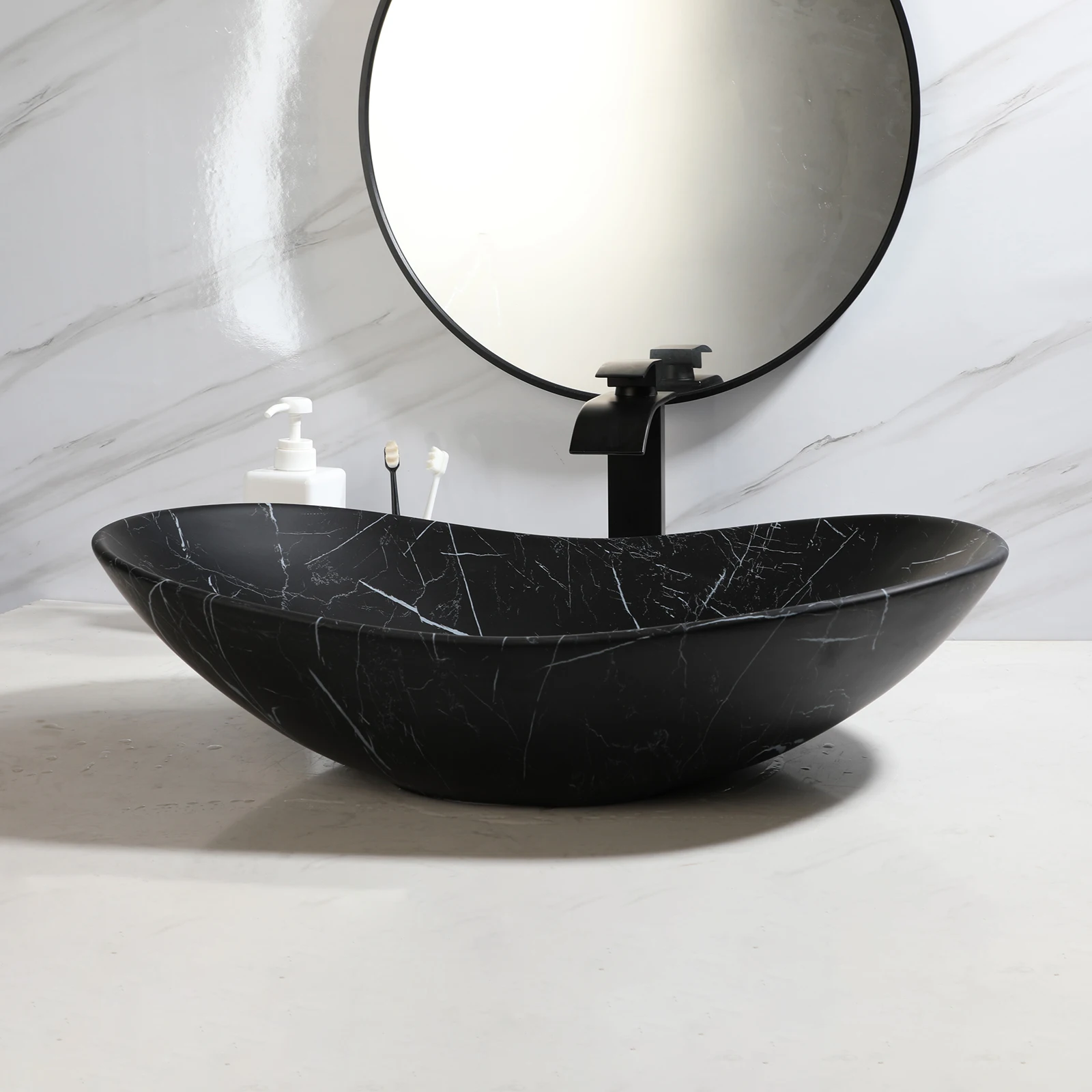 KEMAIDI Black Ceramic Vessel Sink with Faucet and Drain Combo 24 inch Oval Above Counter Bathroom Sink Bowl with Marbling Basin 3