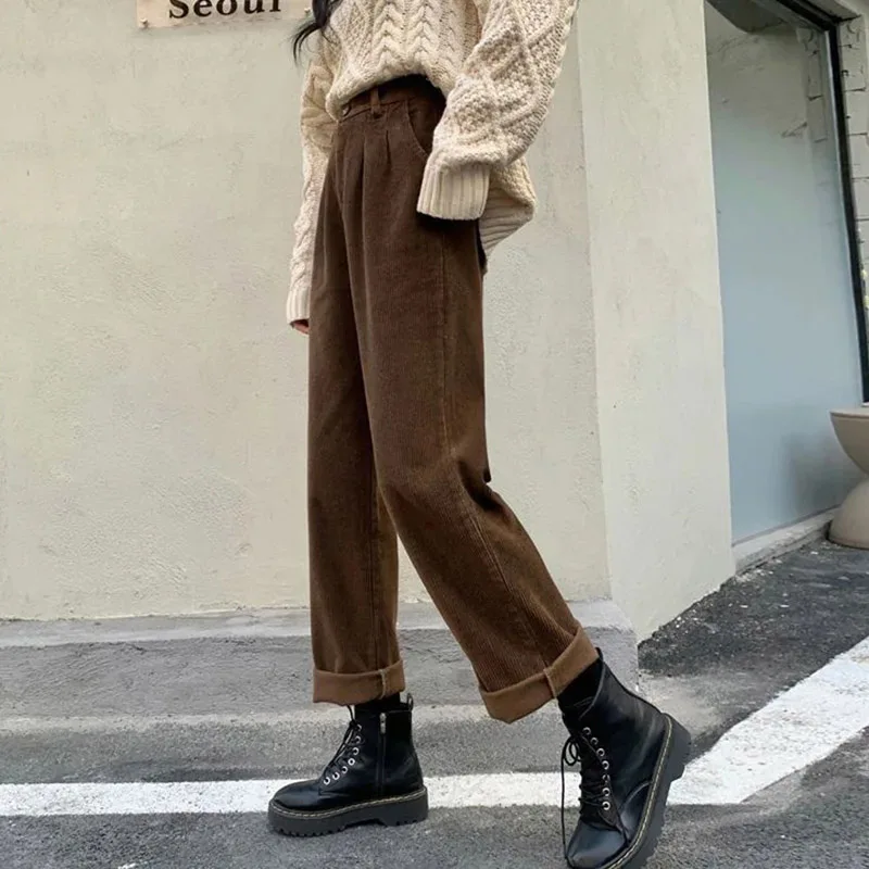 

MEXZT Corduroy Wide Leg Pants Women Vintage High Waist Pockets Baggy Trousers Streetwear Korean All Match Black Straight Pants