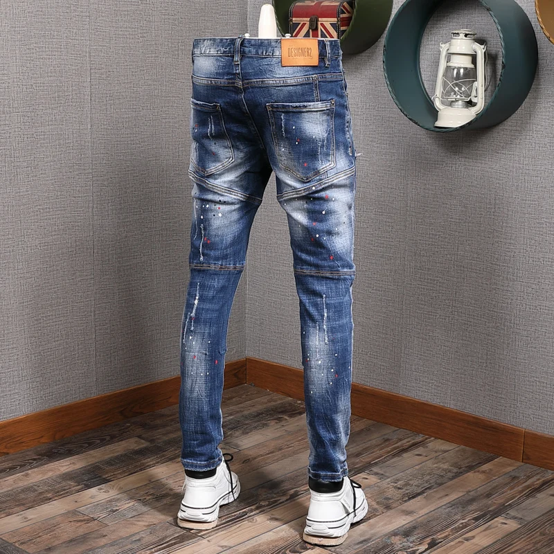 Fashion Streetwear Men Jeans Retro Light Blue Elastic Slim Ripped Jeans Men Painted Designer Spliced Hip Hop Denim Biker Pants