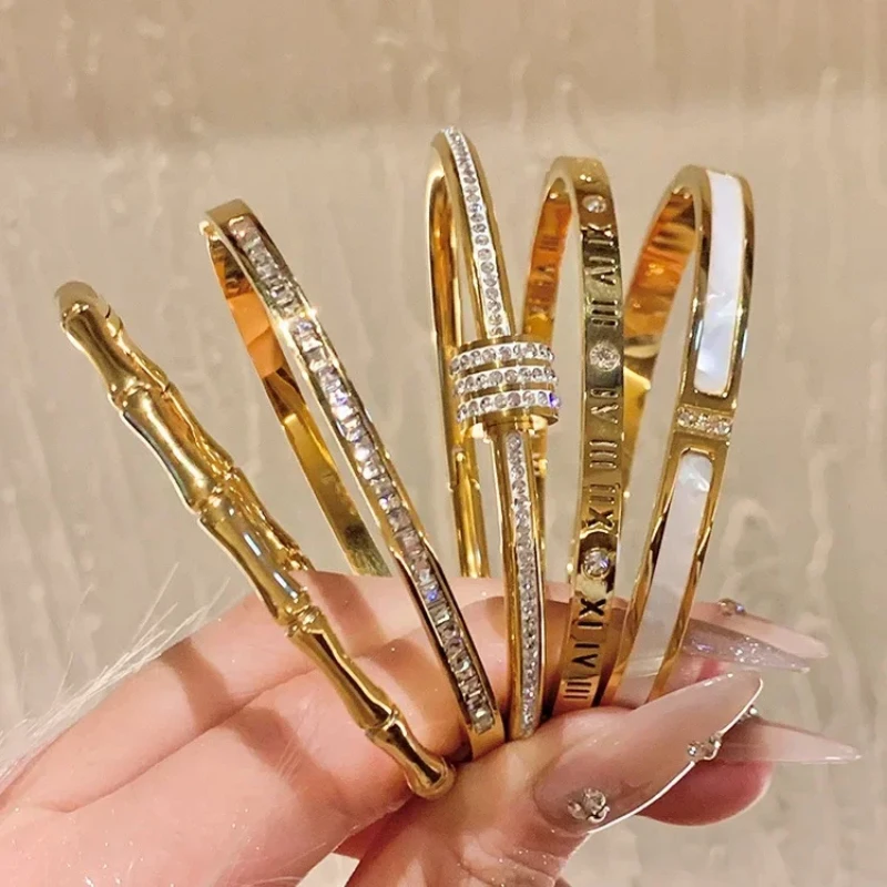 Titanium Steel Gold Silver Color Bangles for Women Girls Trend Waterproof Jewelry Luxury Sparkling Zircon Bracelet Bangle 2