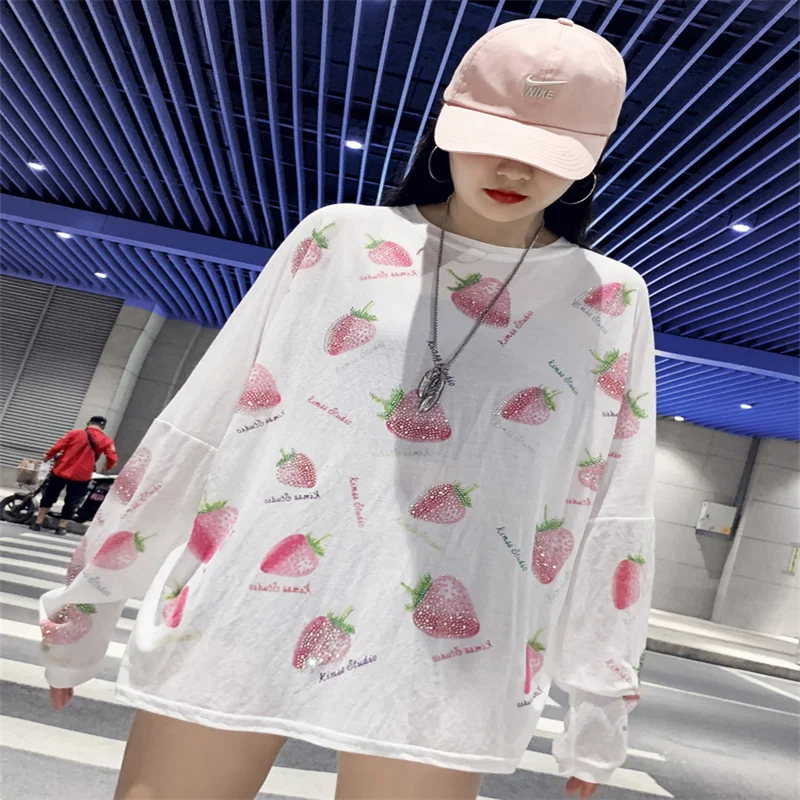 

Sandro Rivers French Strawberry Hot Drill T-shirt Women's Medium Long Early Autumn Thin 2022 New Loose White Crew Neck Top