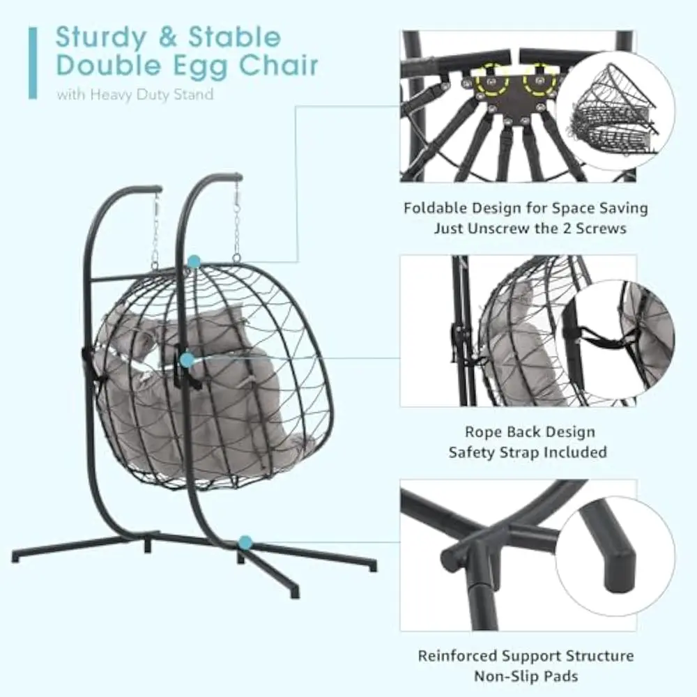 Rattan swing chair Double Rattan Swing Egg Chair with Side Pockets Foldable Hanging Egg Chair with Stand Indoor and Outdoor Chairs