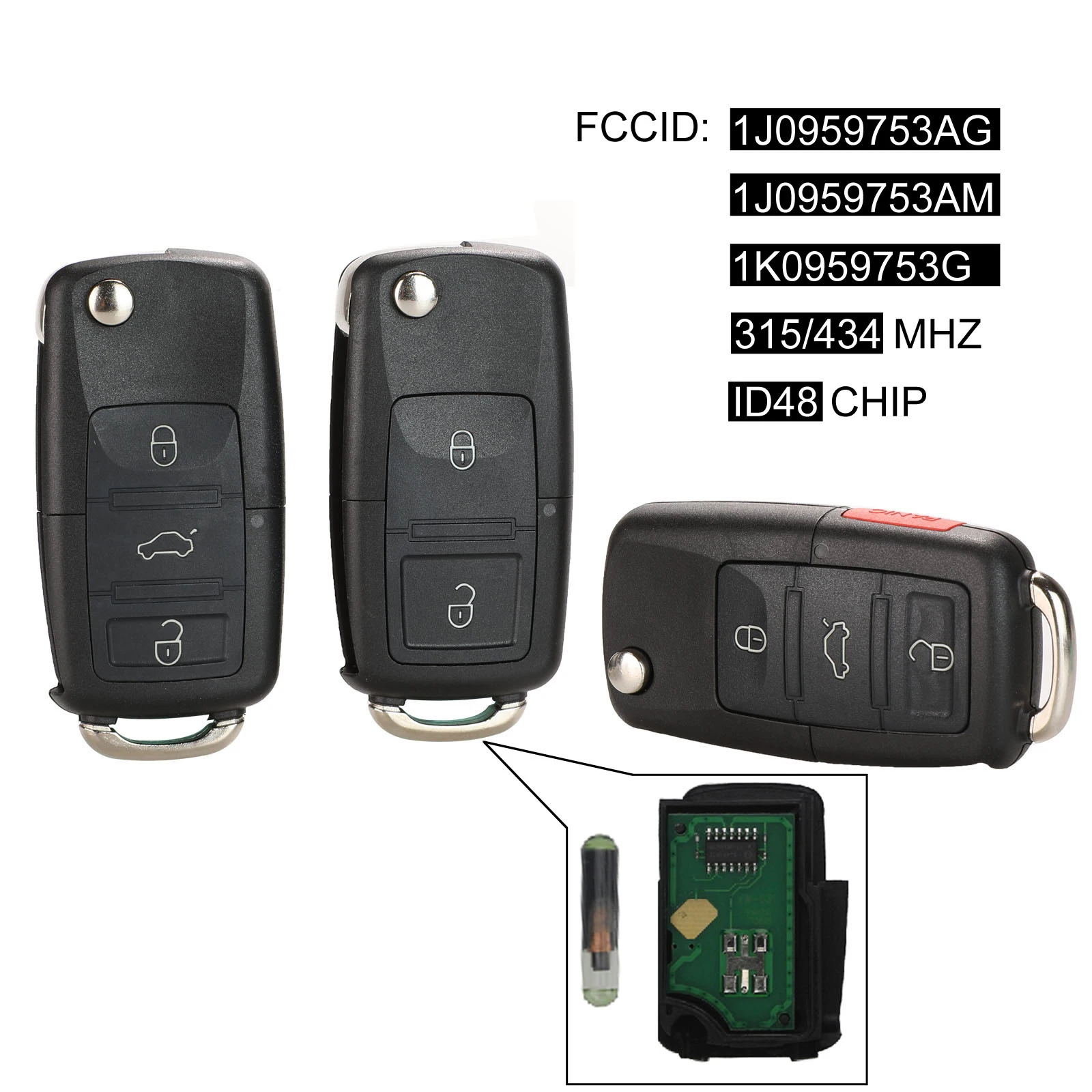 jingyuqin 2/3/4 Button Flip Remote Key Fob 434MHz ID48 Chip For VW Beetle Bora Golf Passat Polo Transporter T5 1J0 959 753 AG