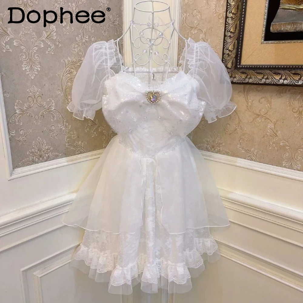 

Customized Sweet Cute Pricess Bow Dresses Starfish Crystal Cross Lace Up Puff Sleeve Slimming Y2k Dresses Vestidos De Fiesta