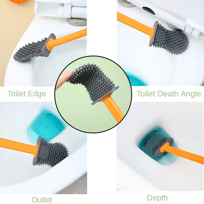 Silicone Toilet Brush Long Handle Flat Toilet Brush With Shell Shape Bracket Dead Angle Cleaning Free Punch Bathroom Accessories