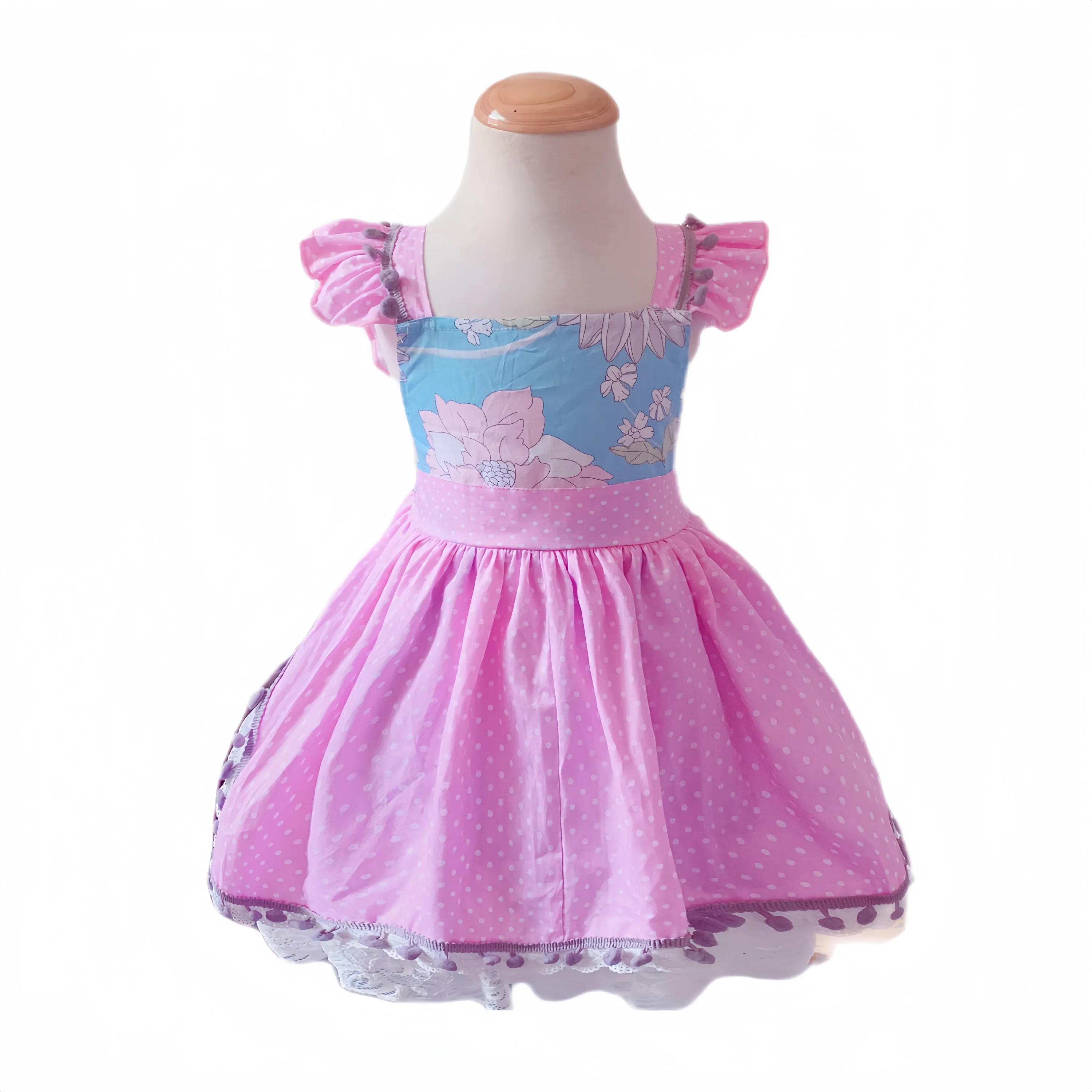 

New style Summer blue big floral slip dress with pink dot shoulder straps lace ruffle trim Girls party layered Dress