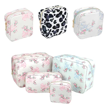 S M L XL Makeup Bag Pink Printed Bow Toiletry Pouch Waterproof Women Storage Nylon Outdoor Girl Travel Makeup Bag Organizer